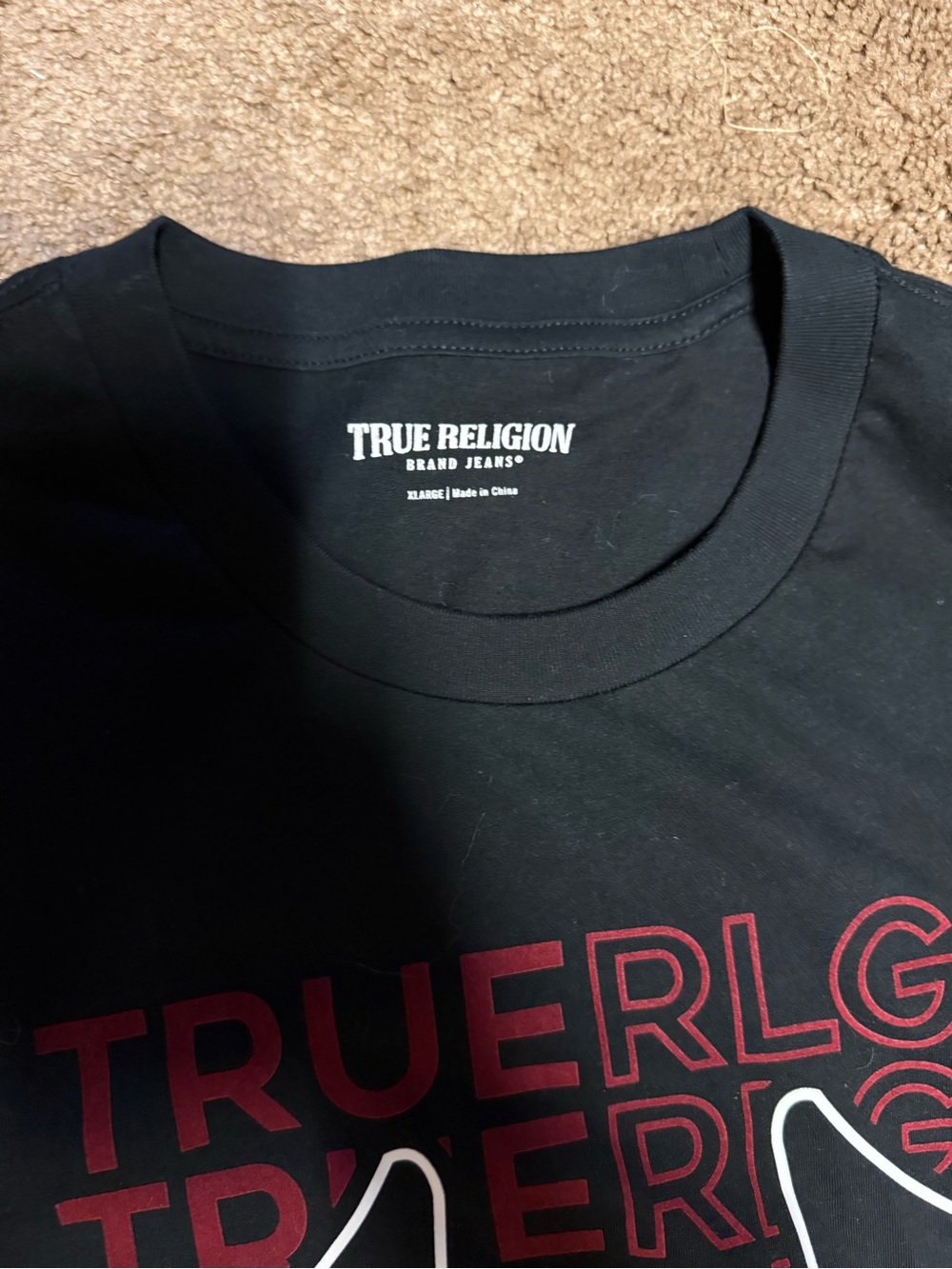 True Religion Black Tee with Red Logo Print